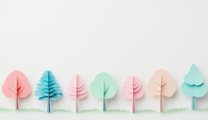 Colorful paper trees arranged on a white background showcasing craftsmanship and creativity in art design