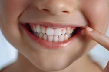 Close-up of smiling boy's mouth with finger pointing at teeth, healthy teeth