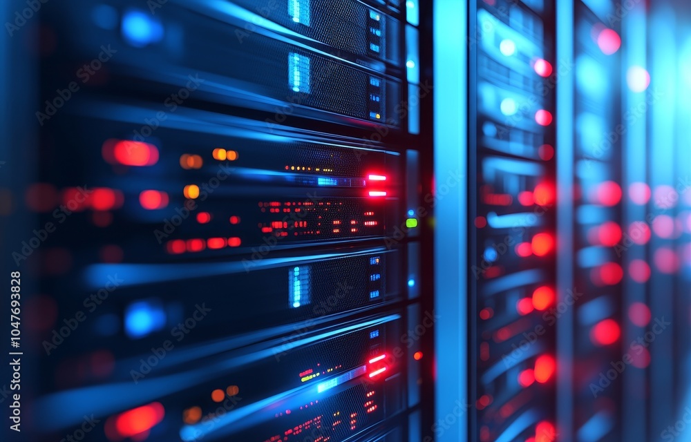 Poster 3d rendering of servers in a data center with bokeh light coursing through the corridor