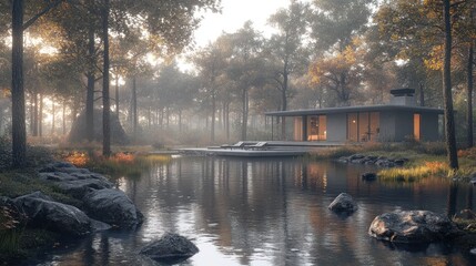 Obraz premium Modern house in a foggy forest with a pond in the foreground.
