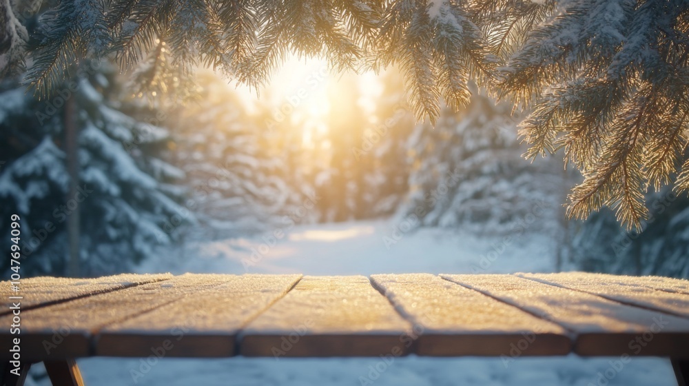 Aufkleber a wooden table sits in front of a snowy forest, with pine branches framing the image at the top. the