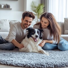 A family of three happily plays with a blue merle Border Collie on the sofa in a minimalist interior