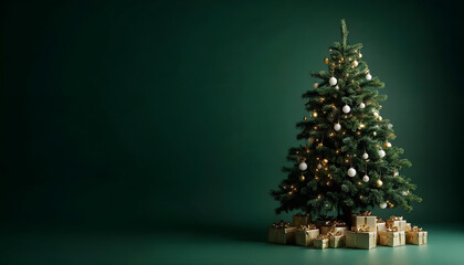 Fototapeta premium Luxurious Christmas Tree in a dark green background