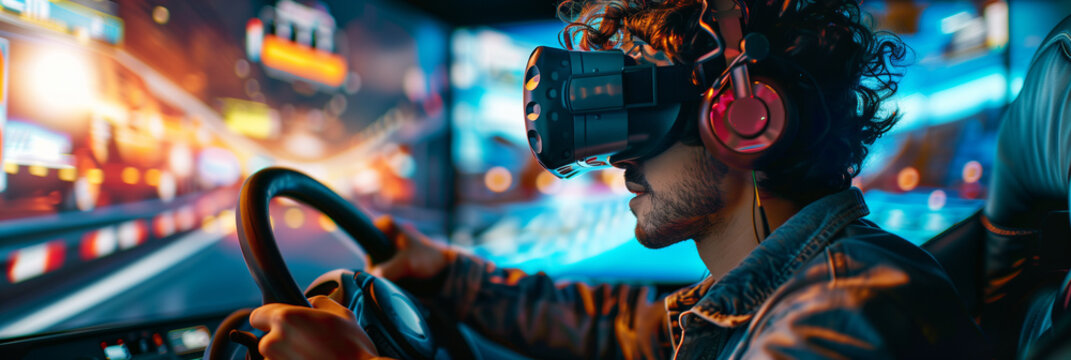 Young man playing virtual reality driving game with vr in the game room.