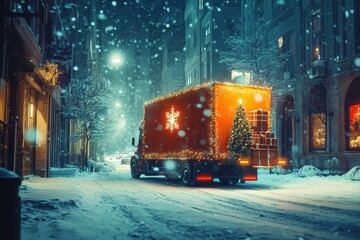 A festive delivery truck drives through a snowy city street.