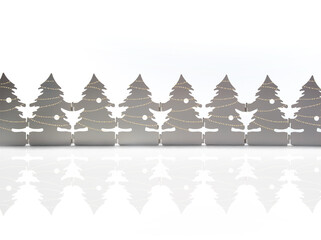 Obraz premium Christmas tree silhouettes with light chains in a row. Group of metal trees with Christmas lights. Minimalist design. Holiday season decoration or celebration. Selective focus. White background.