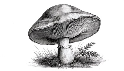 Intricate hand-drawn engraving of a single mushroom with a tall stem and textured cap in natural surroundings. Generative AI