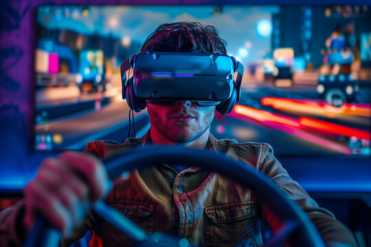 Young man playing virtual reality driving game with vr in the game room.