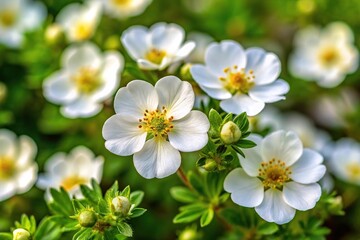 Fototapeta premium Symmetrical arrangement of White Cinquefoil flowers in a garden