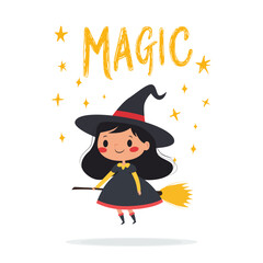 Cute Witch on a Broomstick with Magic Stars for Halloween-themed designs, children s books, and whimsical illustrations.