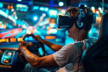 Young man playing virtual reality driving game with vr in the game room.