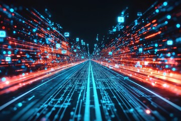 Fototapeta premium A futuristic digital highway with red and blue lights.