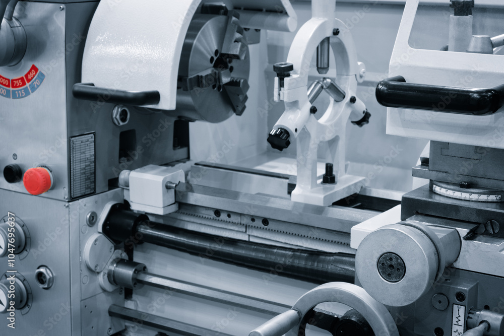Aufkleber A machine with a red button on the front. The machine is a lathe. The red button is a safety feature