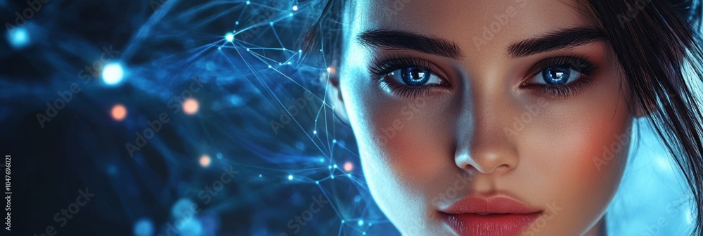 Poster A young woman with captivating blue eyes is featured in a dynamic digital setting filled with network links and data flows. Generative AI