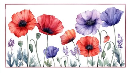 Red and Purple Poppy Floral Botanical Illustration