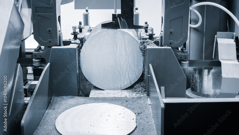Aufkleber a machine is cutting a metal object. the machine is black and silver. the object being cut is round,