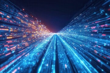 Obraz premium Abstract digital data streams in vibrant blue and orange hues.
