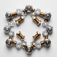Various screws, washers, nuts, and bearings on an isolated white background. Creative photograph.