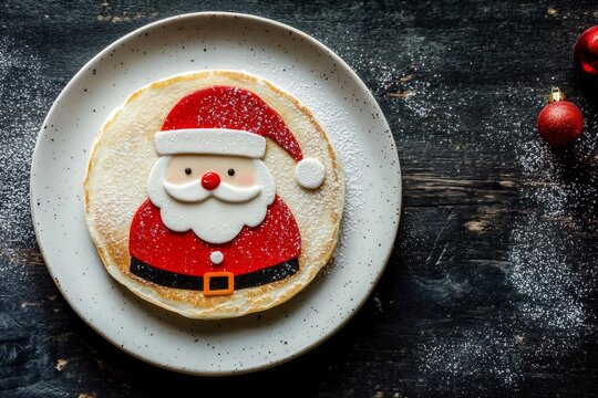 Delightful pancake decorated as Santa Claus served on a white plate, perfect for holiday breakfasts and festive gatherings