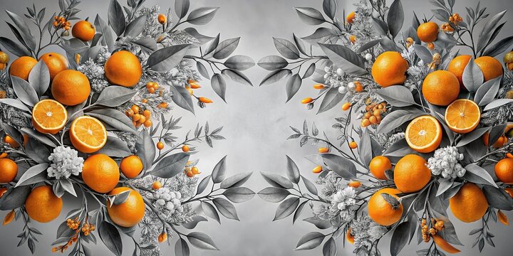 Symmetrical artistic floral branches and oranges in a monochrome palette