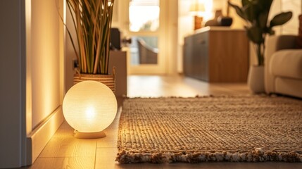 An entryway with a warm inviting glow emanating from a modern spherical light fixture and soft plush rugs in neutral tones.