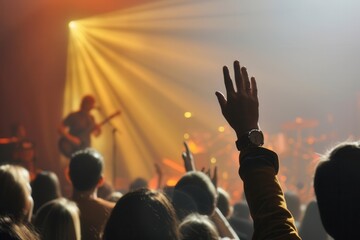 Musicians entertain a lively audience at a concert, surrounded by bright lights and an electrifying atmosphere that captivates the crowd. Generative AI