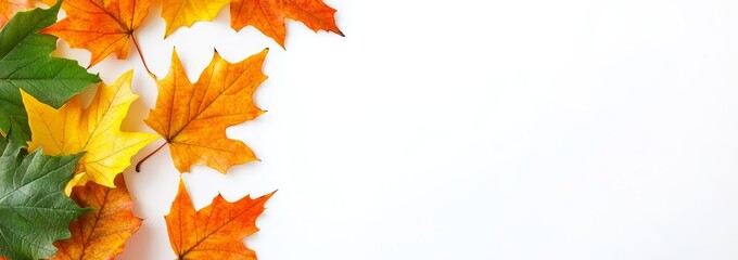 Fototapeta premium The body of the banner is surrounded by colourful autumn leaves that are isolated on a white table. Fall concept. Flat lay.