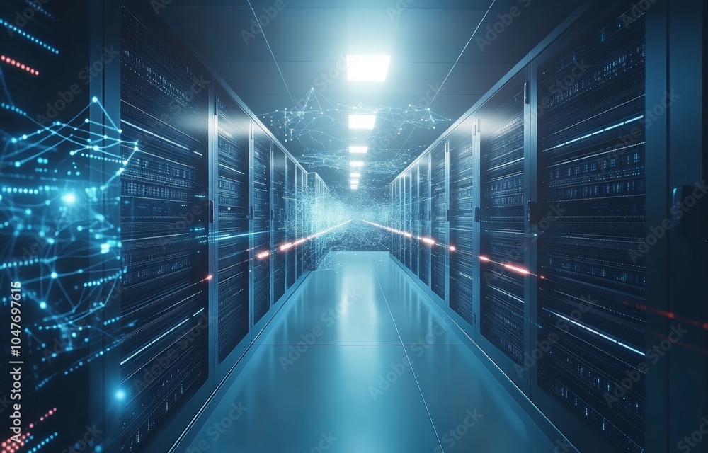 Poster data center room storage systems 3d rendering of the connection network in servers