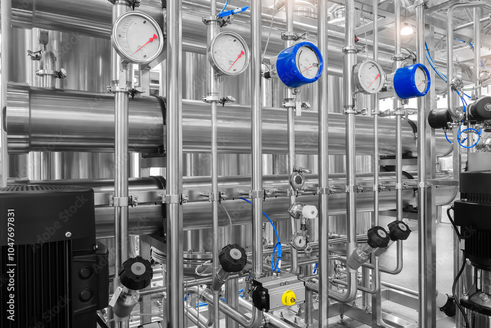 Poster a large industrial pipe system with many gauges and valves. the gauges are all different sizes and c