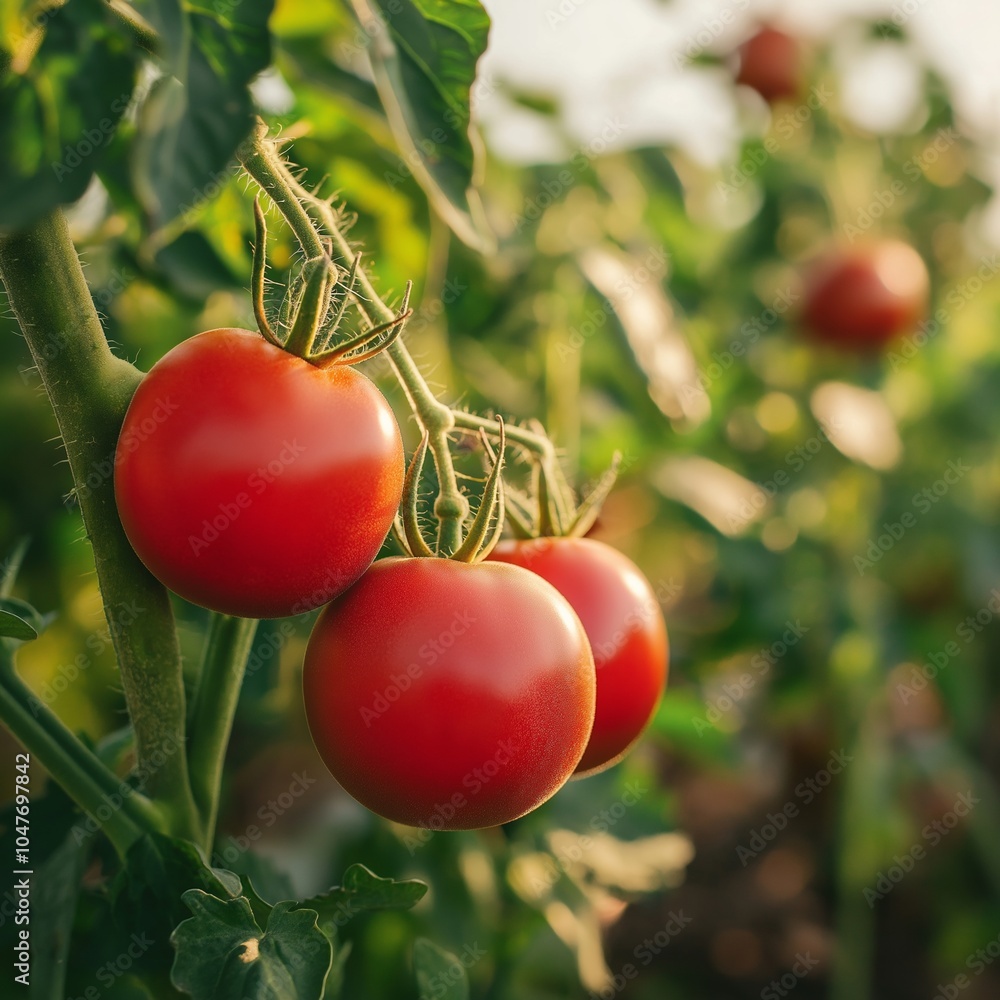 Poster Juicy, red tomatoes mature on a lush vine, basking in the sunlight of an outdoor garden or farm setting.