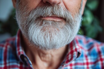 A distinguished elderly man with a white beard and plaid shirt gazes pensively, capturing wisdom and experience.