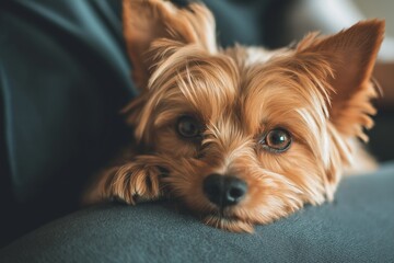 An adorable dog with soulful eyes rests comfortably indoors, emanating warmth and affection in the atmosphere.