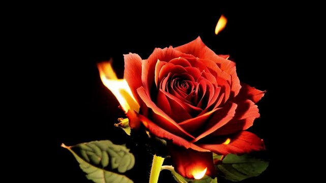 A close-up of a bright red rose in full bloom, the petals of which are burning with a flame of fire. The flower stands out beautifully against a dark background. conceptual.