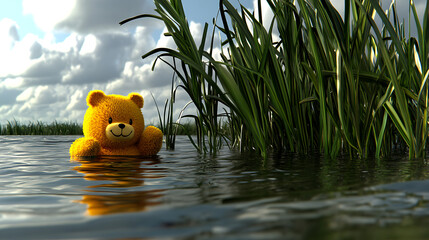 Baby bear giving a thumbs up, surreal vibrant 3D cartoon style, floating on a tropical island with distorted palm trees 