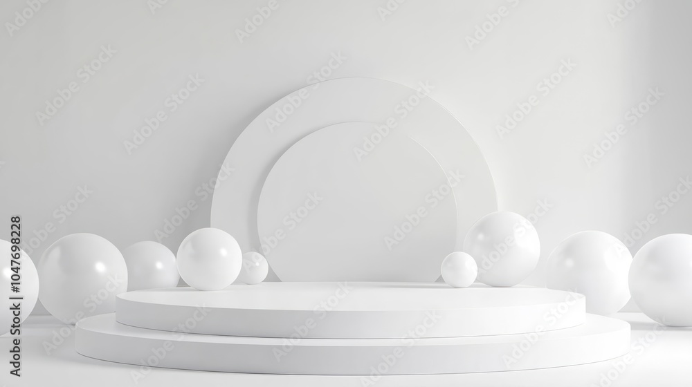 Poster minimalist white stage setup for christmas events featuring circular elements and soft spheres invit