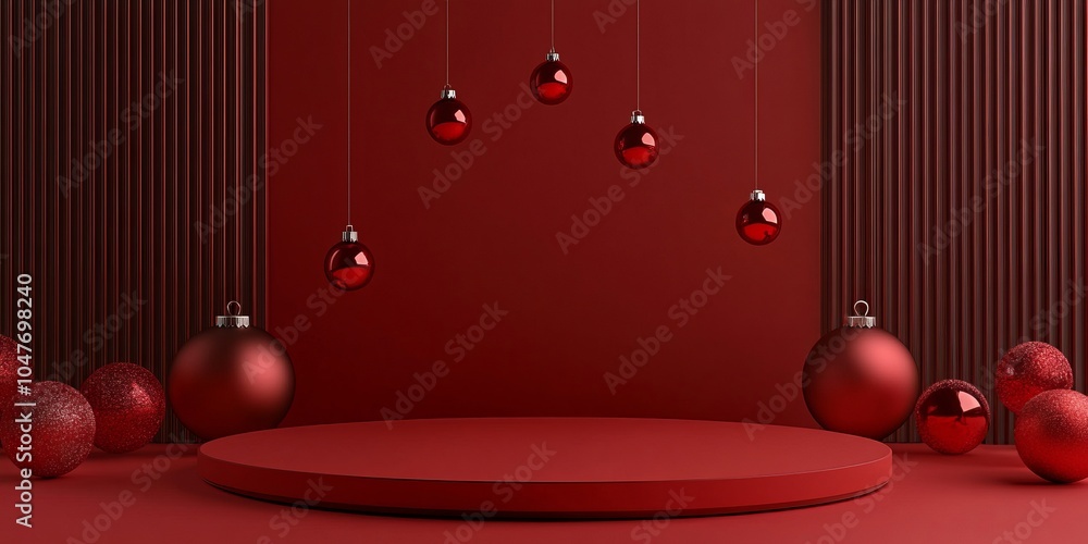 Poster elegant minimalistic display featuring red ornaments hanging against a textured backdrop with a circ