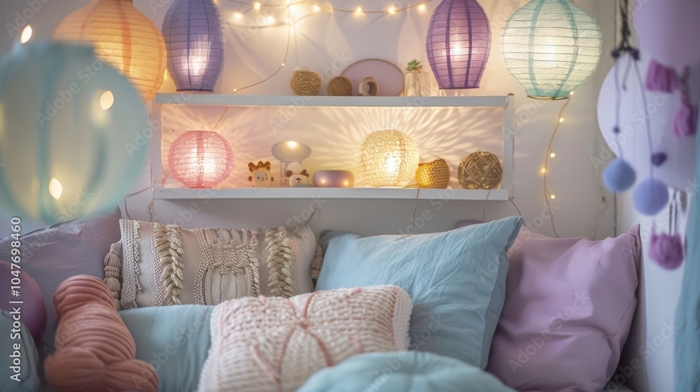 Poster an enchanting nook with pastelcolored pillows a string of paper lanterns and a wall shelf featuring 