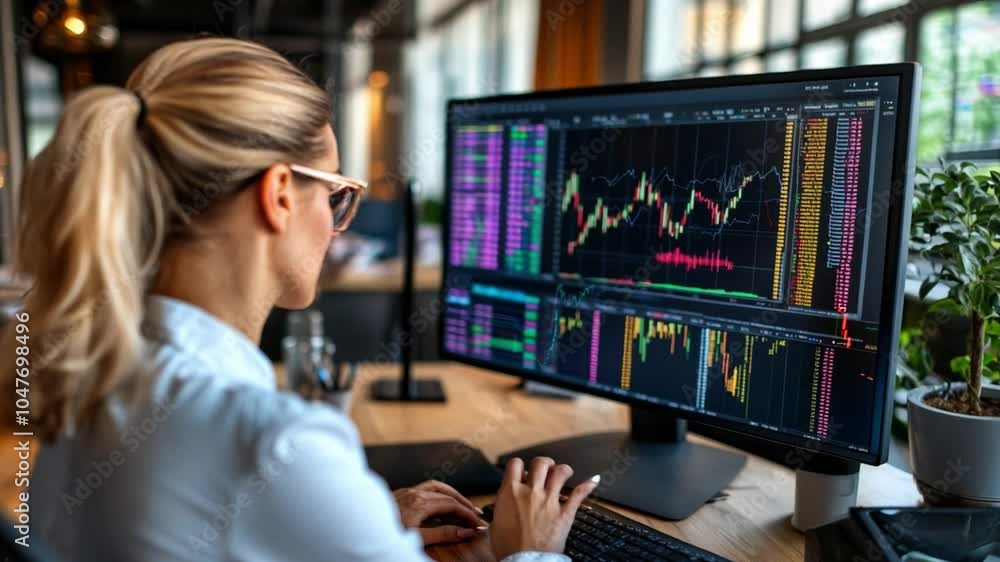 Poster a woman analyzing financial data on a large monitor while working in a modern office environment dur