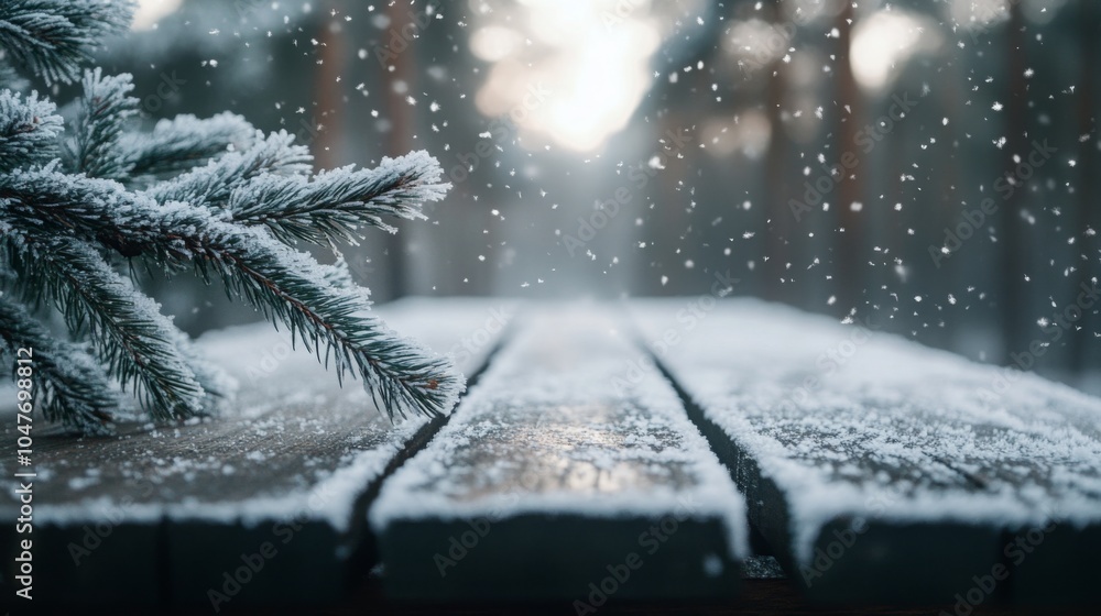 Poster snowflakes drift silently onto a rustic wooden surface, surrounded by a serene forest. evergreen bra