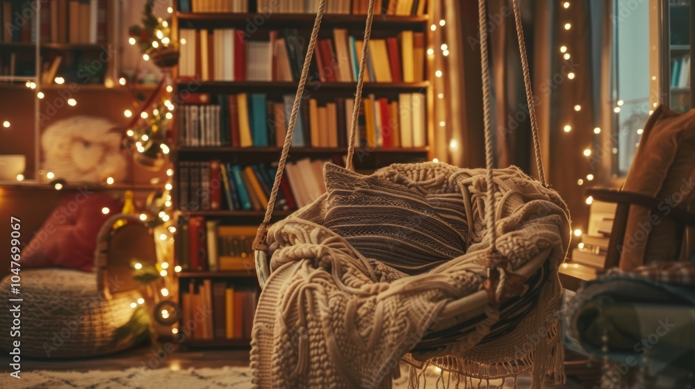 Aufkleber a whimsical reading nook featuring a swing chair a string of fairy lights and a shelf of colorful bo