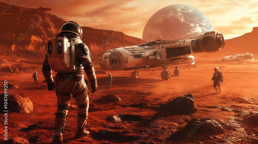 Poster a team of astronauts surveys the martian terrain while a spacecraft stands nearby under a colorful s