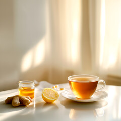 Hot tea with lemon in a transparent glass cup stands on a wooden table, ginger and vitamins are nearby,