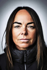 Confident woman in black jacket looking focused and determined