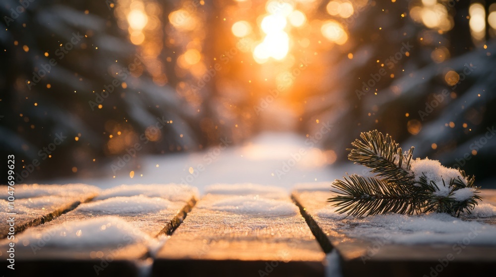 Poster sunlight streams through the trees, casting a warm glow on a snowy pathway. a pine branch rests on w