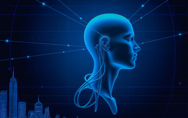 Human head as a hologram against the background of a modern city. Wires and connection of a person with an information field. The future of a person. Concept.