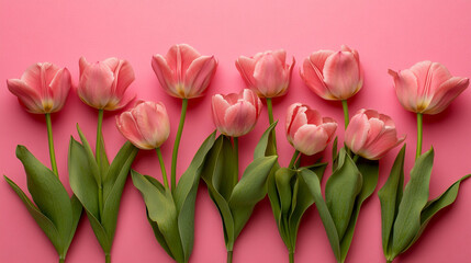 Obraz premium Lovely pink tulips arranged neatly on a soft pink background for a vibrant spring display
