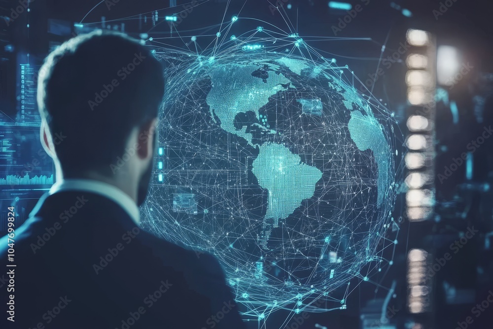 Poster with big data analytics visualization technology, scientists analyze information structures on scree