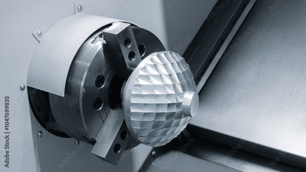 Poster A machine is used to shape a metal object. The object is a sphere with a pattern on it, industrial metalworking concept background