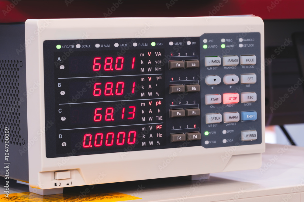 Poster white electronic multimeter for electrical parameters of current and voltage with four red digital d