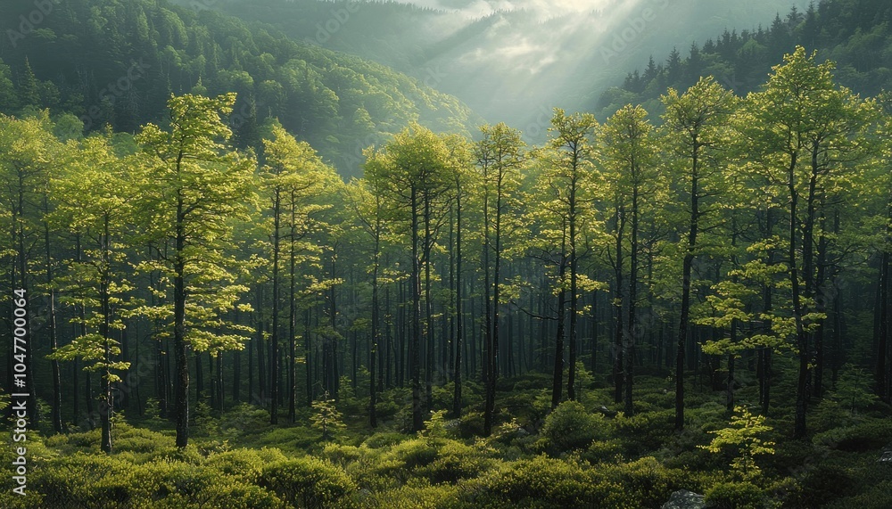 Poster Sunbeams Filtering Through a Dense Forest Canopy